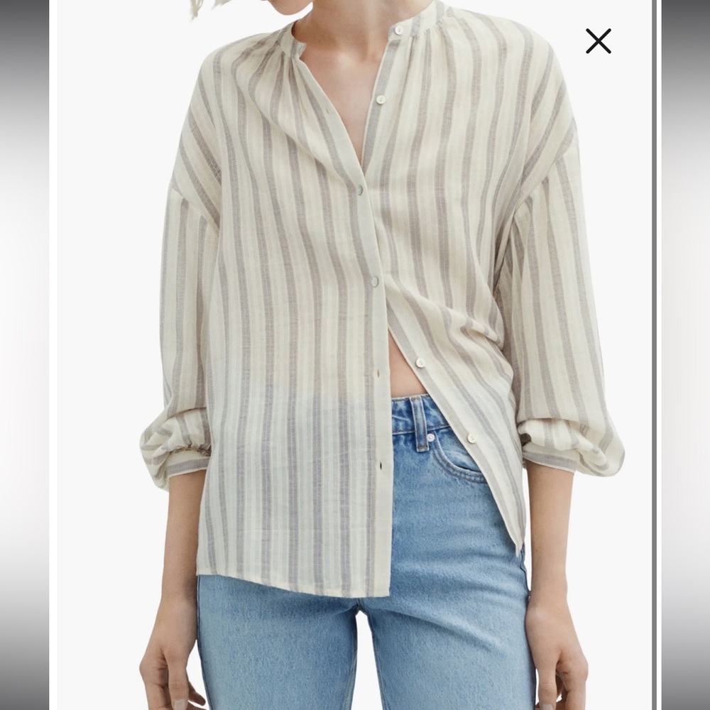 Mango Stripe Balloon Sleeve Button-Up Shirt Size Large